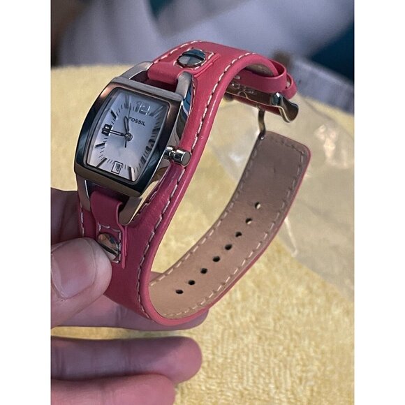Fossil Women Watch Stainless Steel Pink Wide Leather Nylon Date White (Needs Bat - Picture 10 of 10